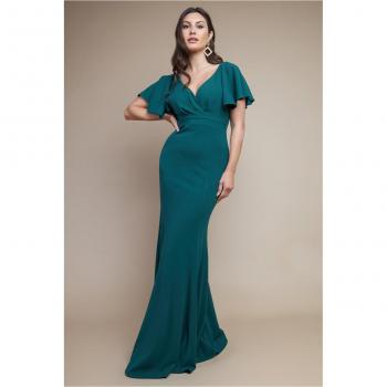 Goddiva Flared Sleeve Front Wrap Maxi Dress - Emerald Green