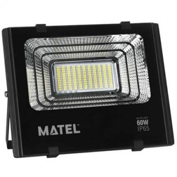 Proyector LED Solar Negro 60W con Luz Fría y Panel Solar - Aluminio y Cristal - Apertura de 120º - Temperatura de Color 6400K