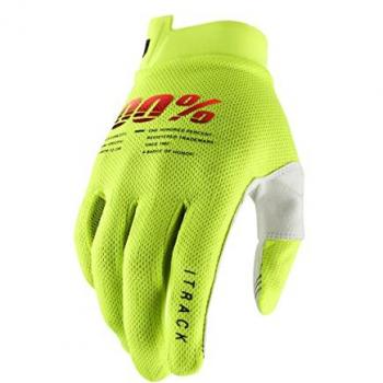 Guantes de Cross 100% iTrack Amarillo Neón, características: diseño ergonómico, material transpirable, palma de silicona para mejor agarre, ajuste elástico en muñeca, compatible con pantallas táctiles