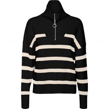 Vero Moda Saba Women's Black & Cream Striped High Neck Half Zip Sweater