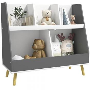 Estantería para Juguetes para Niños Organizador Infantil de 2 Niveles con 5 Compartimentos y Patas de Madera de Pino para Guardería Sala de Juegos 80x34x72,5 cm Gris y