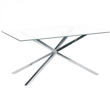 Mesa de comedor rectangular 160 x 90 cm con tablero de vidrio templado transparente y patas plateadas para 4 personas Cora