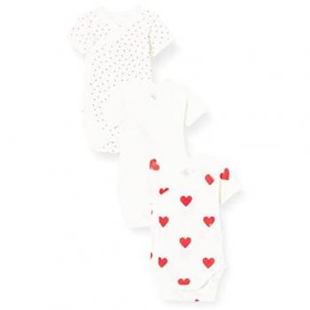 Lote de 3 bodies cruzados de manga corta con corazones para recién nacido en algodón orgánico PETIT BATEAU blanco claro/multicolor