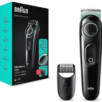 Cortabarbas Braun Beardtrimmer Series 3000 BT3323 Inalámbrica con Batería, 20 Longitudes de Corte, Accesorio Peine, Color Negro/Verde