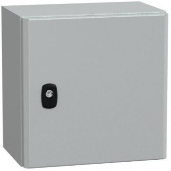 Caja de pared de acero Schneider Electric NSYS3D3320, IP66, dimensiones 300 x 300 x 200 mm, puerta completa sin placa de montaje, resistencia IK10, color RAL7035