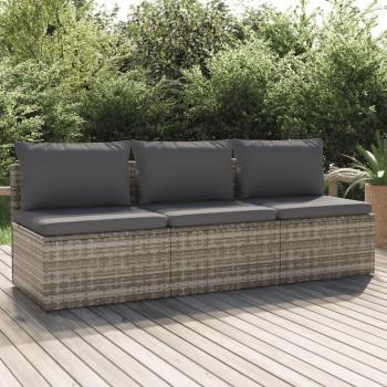 3-Seater Gray Poly Rattan Garden Sofa with Cushions