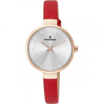 Reloj Radiant Mujer RA455205 - Ø 28 mm - Piel Sintética - Color Rojo - Caja Rosa - A Presión - 3 ATM - Cristal Mineral - Esfera Plateada - Incluye Estuche de la