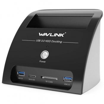 WAVLINK USB 3.0 Base de Conexión Docking Station a SATA para Discos Duros SSD de 2.5 y 3.5 con Lector de Tarjetas y Concentrador de 2 Puertos USB 3.0-[Admite UASP y hasta 10TB]