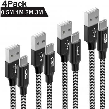 QGhappy Tipo C [4Pack,0.5m 1m 2m 3Meter] Cargador USB C de Nylon Trenzado Carga Rápida y Sincronización para Samsung S9/ S8/ Note8, Huawei P20/Mate20，Xiaomi Mi A1/A2