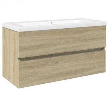 Conjunto de muebles de baño 2 piezas en cerámica y madera multicapa, incluye un armario de baño y un lavabo, fabricado en cerámica y madera de ingeniería, color marrón