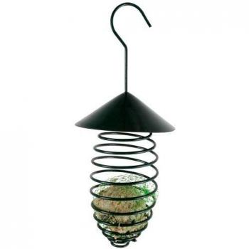 Esschert Design Futterfeder mit Dach, hängend, Gefäß für Futterbälle, Futterkugeln, Metall, mit Hacken, Höhe 24 cm, dunkelgrün