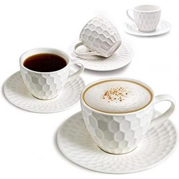 Amazon Brand – Umi Juego de tazas y platos de café de porcelana con leche y capuchino, 200 ml, marfil