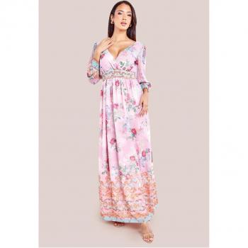 Goddiva Chiffon Wrap Border Floral Print Maxi Dress - Pink - Size 14 UK