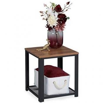 Mesa Auxiliar Industrial Cuadrada con Balda de Rejilla, Acero-PB, 44 x 40 x 40 cm, Negro y Marrón