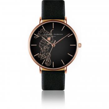 Amelia Parker Fossil Black Leather Watch for Women - 38 mm Rose Gold