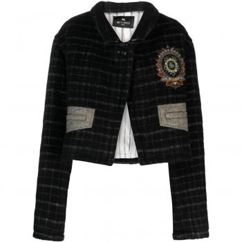 Etro Women's Wool Blend Cropped Jacket in Black with Floral Embroidery, Size XS