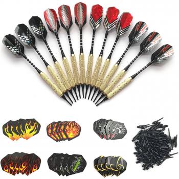 Dardos, Degbit Pack of 12 Juego de dardos Pástico con Puntas Blanda, Barrilles Acero de Latón, Aluminio Ejes y 4 aletas de estilo + 30 Plumas y 100 suave puntos, set de dardo de metal profesionales
