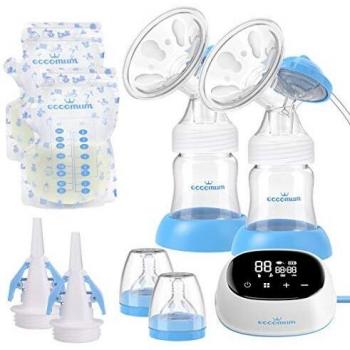 Sacaleches Eléctrico, Eccomum Sacaleches Doble, Portátil/Silencioso/Recargable, Pantalla Táctil LCD Inteligente/Bolsas de Leche/Adaptadores, BPA-Free/100% Grado de Comida