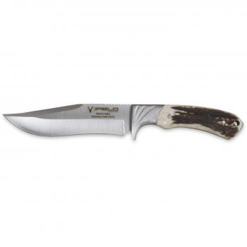 iFIELD Cuchillo de Caza Deportivo Camper EL29013, Mango de Ciervo, 26 cm de Largo, Hoja 14 cms, Grosor 3,8 mm, Funda de Piel marrón, Herramienta de Camping para Pesca, Caza, Actividad Deportiva