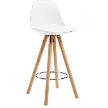 Kave Home - Taburete Alto de Bar Slad Blanco 65 cm con Respaldo tapizado en Piel sintética y Patas de Madera de Haya
