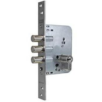 Cerradura de seguridad monopunto Tesa R201B566AI, acero inoxidable, emb. bulones, frente Inos, con bombillo y escudo cerrado