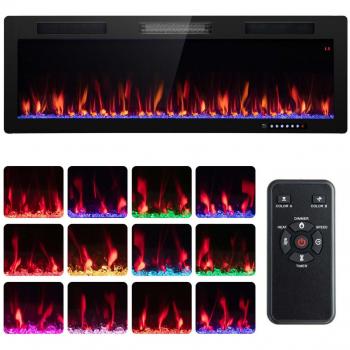 50-Inch Black Wall Mount/Recessed Electric Fireplace with Multi-Color Flame and 1500W Heating