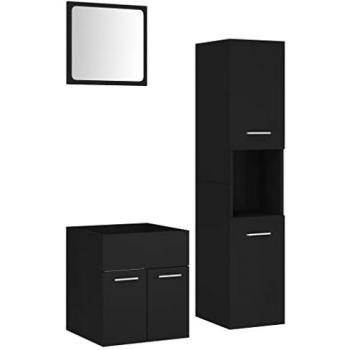 Conjunto de Muebles de Baño de Madera de Ingeniería Negro - Juego Completo con Lavabo, Espejo y Armario