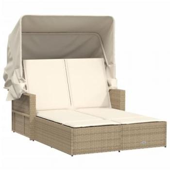 Tumbona doble con capota y cojines ratán sintético beige