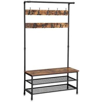 Perchero Zapatero VASAGLE 4 en 1 con Banco Recibidor, 9 Ganchos Extraíbles, Barra Superior, Dimensiones 33,7 x 72 x 183 cm, Estilo Industrial en Marr
