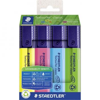 Resaltador de textos clásico STAEDTLER 364 RC4, tipo plástico reciclado, gran memoria de tinta, punta de cuña de 1 a 5 mm, larga vida útil, pack de 4 colores surtidos en est