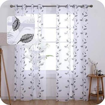 UMI. by Amazon Cortinas Translucidas Decorativas con Motivos Hojas con Ojales 2 Piezas 140x280cm Gris