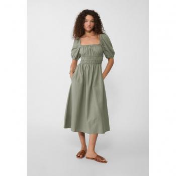 Khaki Midi Dress with Puff Sleeves in Linen Blend