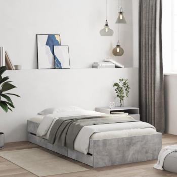 Cama con cajones de madera de ingeniería gris y hormigón, dimensiones 90x190 cm, diseño cuadrado redondo en cemento gris