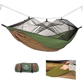 AMAZONAS Ultra-Light Hammock Adventure Thermo 470 g with Mosquito Net and Sleeping Mat Compartment Travel Hammock Impregnated with Insect Repellent 275 x 140 cm up to 150 kg in Green/Brown