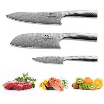 NANFANG BROTHERS Juego de damasco con bloque de madera, VG10, cuchillos de cocina japoneses con mangos martillados