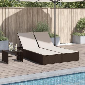 Tumbona doble de ratán sintético con cojines en color negro, marrón y gris, ideal para exteriores como jardín, playa, piscina o terraza