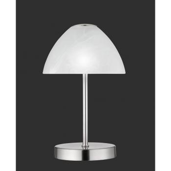 Lámpara de mesa moderna JOYA con regulador LED, estructura de acero, pantalla de vidrio en níquel y alabastro