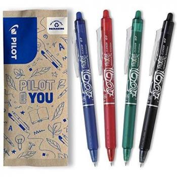 Paquete de 4 bolígrafos Pilot FriXion Ball Clicker, tinta gel borrable, trazo medio 0.7mm, colores azul, rojo, negro y verde
