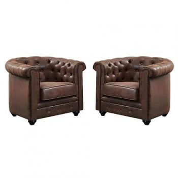 Lote de 2 Sillones Chesterfield de Microfibra Envejecida con Efecto Cuero Vintage