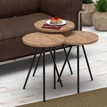Set de 3 mesas auxiliares redondas Ølgod en varios tamaños - Aglomerado y metal con efecto madera y negro