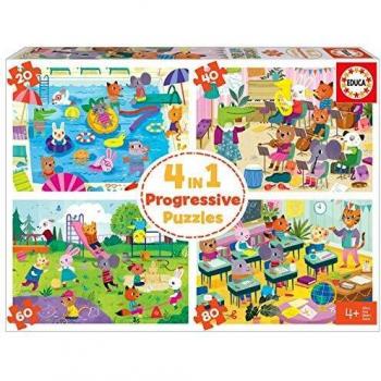 Educa 18904 4 en 1 Un Día en la Escuela. Puzzles Progresivos Infantiles. 20, 40, 60 y 80 Piezas. +4 años. Ref, Multicolor