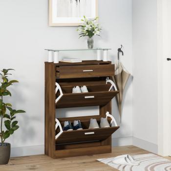 Zapatero de Madera Contrachapada Marrón Roble con Cajón y Estante Superior de Vidrio 63x24x104 cm