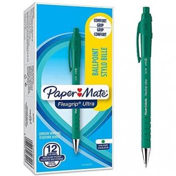 Bolígrafo Retráctil Paper Mate Flexgrip Ultra Verde Punta Media 1.0mm (Pack de 12)