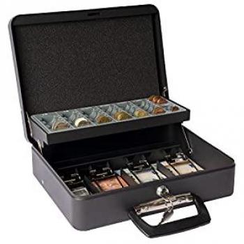 Caja Fuerte Portátil Arregui C9244H-EUR con Llave, Bandeja para Monedas y Clips para Billetes, Asa de Transporte, Color Negro