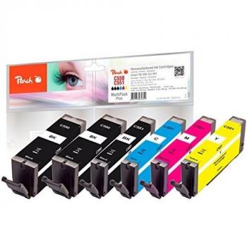 Multipack de Tintas Peach, Compatible con Canon PGI-550 (2 unidades) y CLI-551, Incluye 6 Cartuchos (2 BK, PBK, C, M, Y)