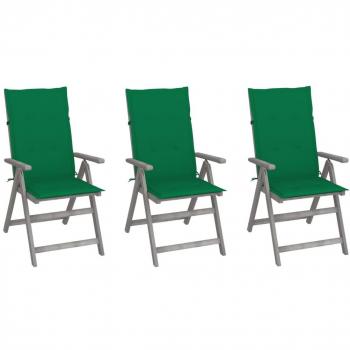 Reclining Garden Chairs Set of 3 with Cushions - Solid Acacia Wood