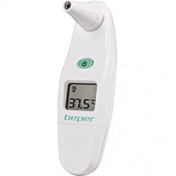 Beper 40.102 Termómetro Auricular Digital Infrarrojo con medición rápida, 15 cabezales higiénicos desechables cubre sensor de plástico incluido, 1 batería incluida, LCD Display