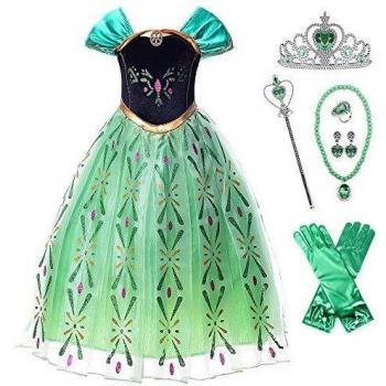 New front Vestido Niña Princesa Elsa Disfraz Reina de las Nieves Chica Princesa Anna Verde Diadema Varita Mágica Costume Navidad Carnaval Halloween Cumpleaños 3-8 Años Cosplay