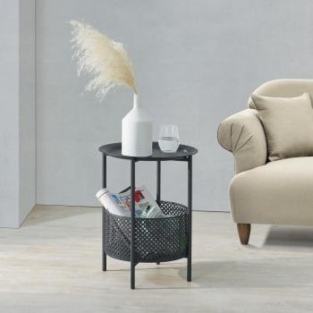 Mesa auxiliar Kruibeke, redonda 46x35 cm, con cesto contenedor de metal, color negro