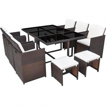 11-Piece Brown Poly Rattan Outdoor Dining Set with Cushions